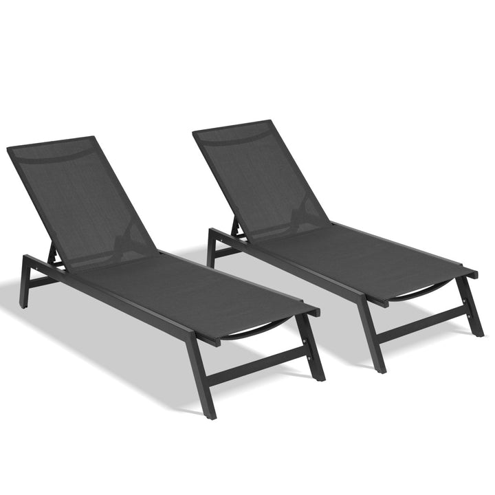 Outdoor 2-Pcs Set Chaise Lounge Chairs,Five-Position Adjustable Aluminum Recliner,All Weather for Patio,Beach,Yard,Pool ( Grey Frame/ Black fabric)DTYStore