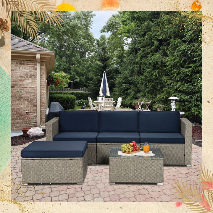 Outdoor Garden Patio Furniture 5-Piece Gray Mix Yellow PE Rattan Wicker Sectional Navy Cushioned Sofa SetsDTYStore