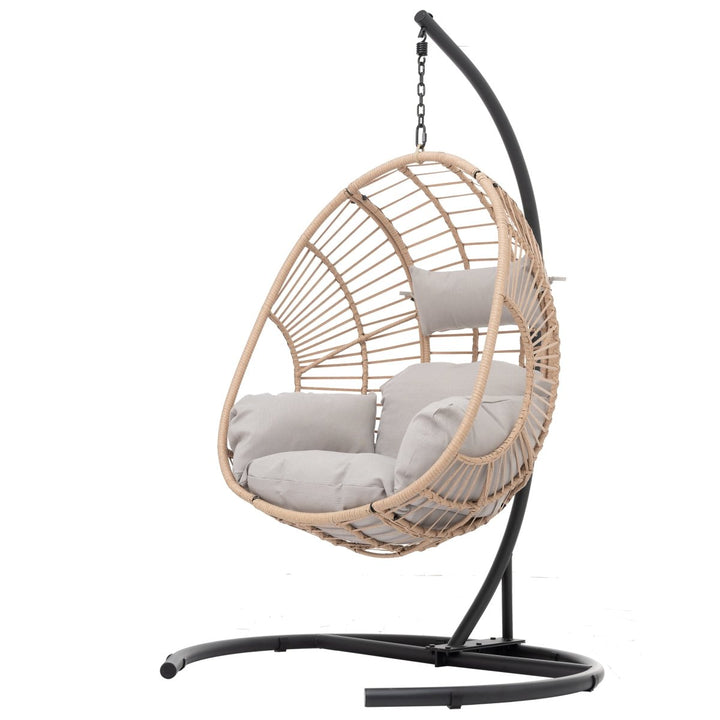 Outdoor Indoor Swing Egg Chair Natural color wicker with beige cushionDTYStore