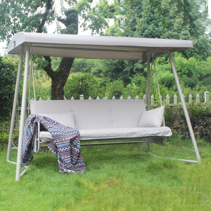 Outdoor Patio 3seater Metal Swing Chair Swing bed with Cushion and Adjustable Canopy Champagne Color (Old SKU:W40018715)DTYStore