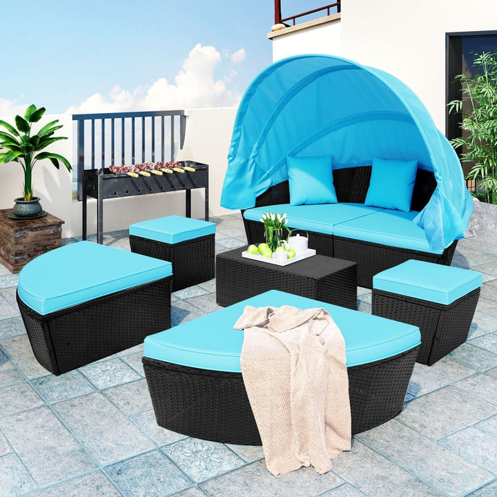Outdoor rattan daybed sunbed with Retractable Canopy Wicker Furniture, Round Outdoor Sectional Sofa Set, black Wicker Furniture Clamshell Seating with Washable Cushions, Backyard, Porch, Blue.DTYStore