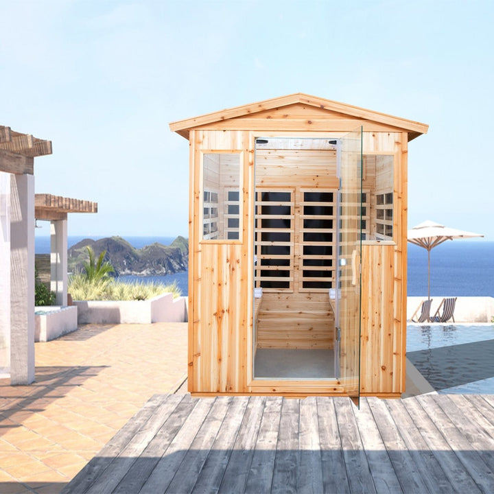 Outdoor Sauna for 4 Person,applicable indoors and outdoors. Far Infrared Sauna 8 Low EMF Heaters, Wooden Sauna Room 2050 Watt, Old Chinese fir, Chromotherapy, Bluetooth Speaker, LCD, LED.DTYStore