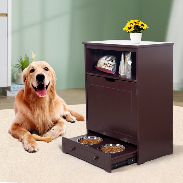 Pet Feeder Station with Storage,Made of MDF and Waterproof Painted,Dog and Cat Feeder Cabinet with Stainless BowlDTYStore