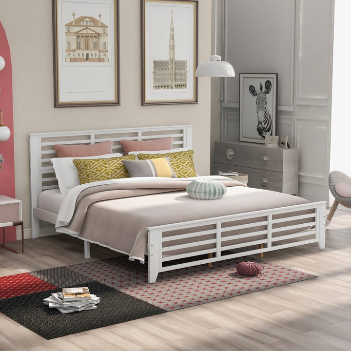 Platform bed with horizontal strip hollow shape, King size, white （New）DTYStore