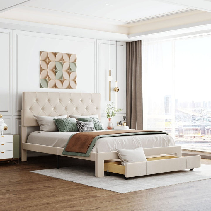 Queen Size Storage Bed Velvet Upholstered Platform Bed with a Big Drawer - BeigeDTYStore