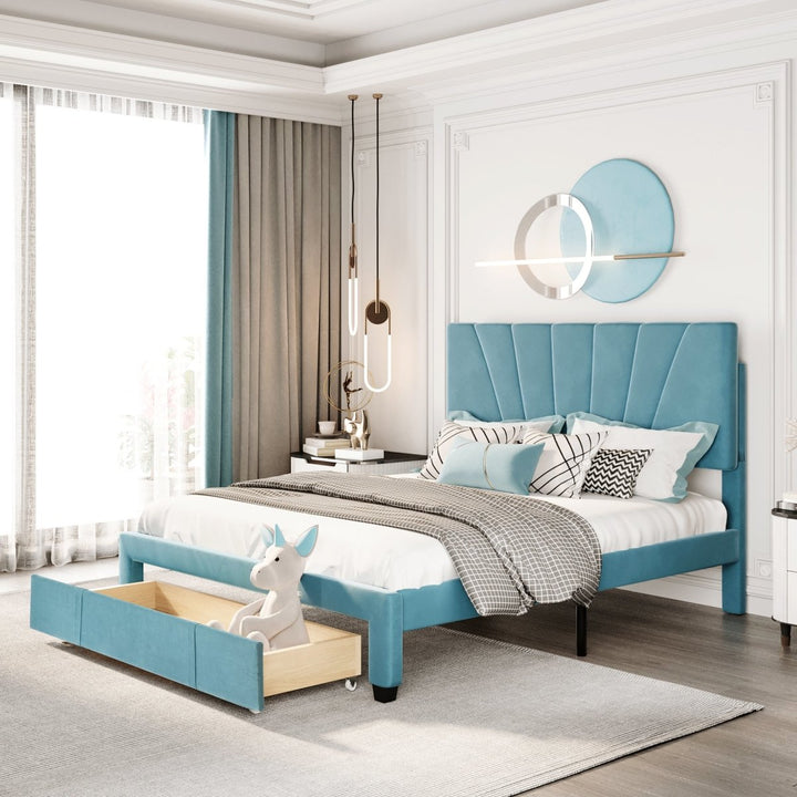 Queen Size Storage Bed Velvet Upholstered Platform Bed with a Big Drawer - BlueDTYStore