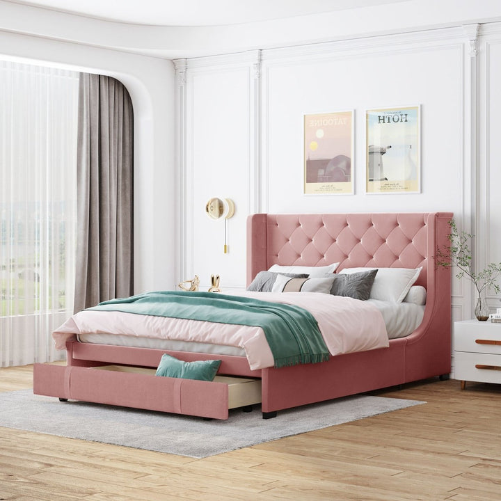 Queen Size Storage Bed Velvet Upholstered Platform Bed with Wingback Headboard and a Big Drawer (Pink)DTYStore