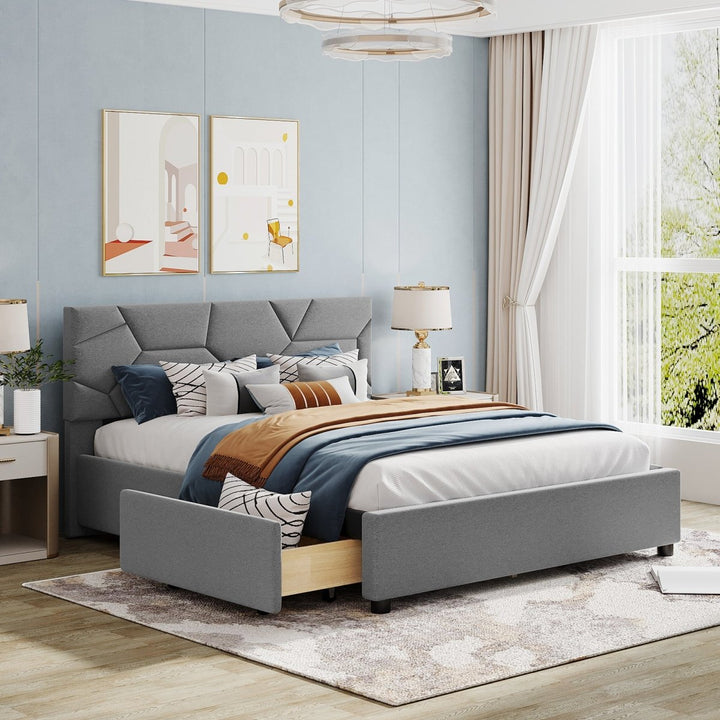 Queen Size Upholstered Platform Bed with Brick Pattern Heardboard and 4 Drawers, Linen Fabric, GrayDTYStore