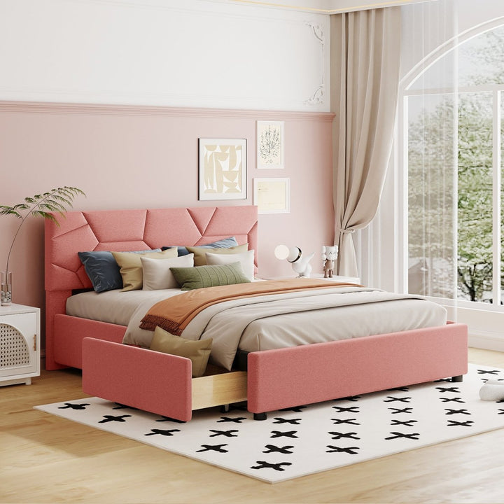 Queen Size Upholstered Platform Bed with Brick Pattern Heardboard and 4 Drawers, Linen Fabric, PinkDTYStore