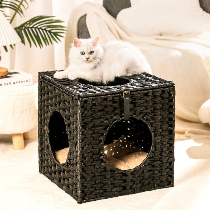 Rattan Cat Litter,Cat Bed with Rattan Ball and Cushion,BlackDTYStore