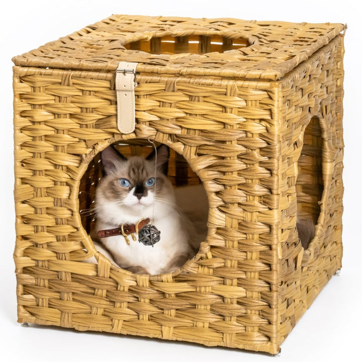 Rattan Cat Litter,Cat Bed with Rattan Ball and Cushion,yellowish brownDTYStore