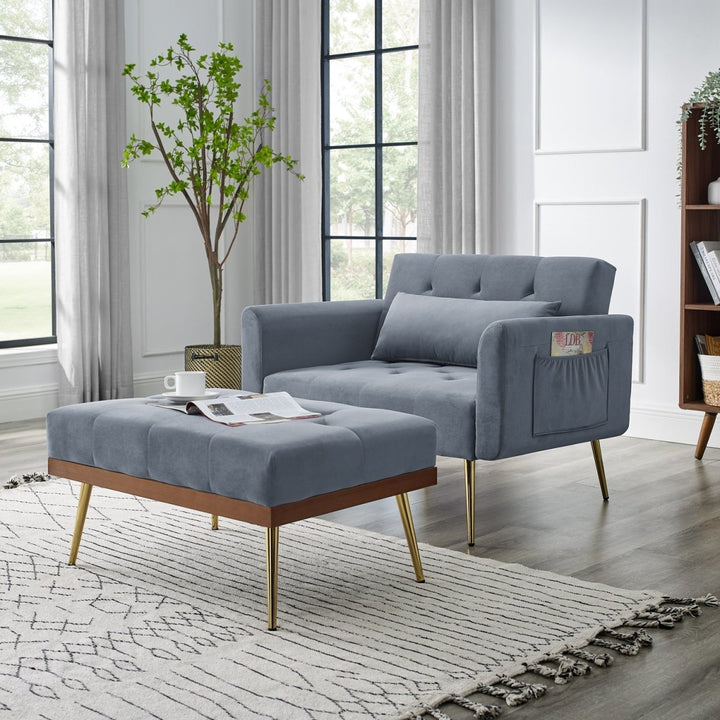 Recline Sofa Chair with Ottoman, Two Arm Pocket and Wood Frame include 1 Pillow, Grey (40.5”x33”x32”)DTYStore