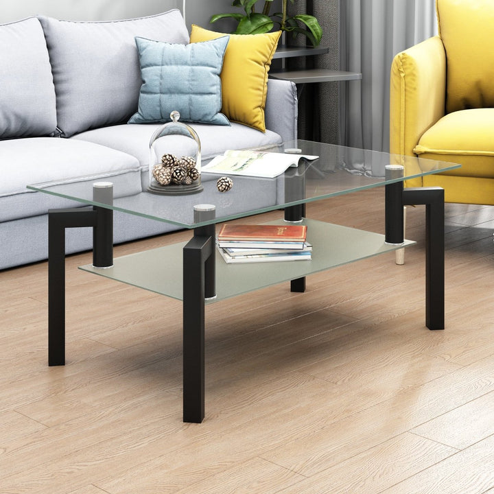 Rectangle Black Glass Coffee Table, Clear Coffee Table，Modern Side Center Tables for Living Room， Living Room FurnitureDTYStore
