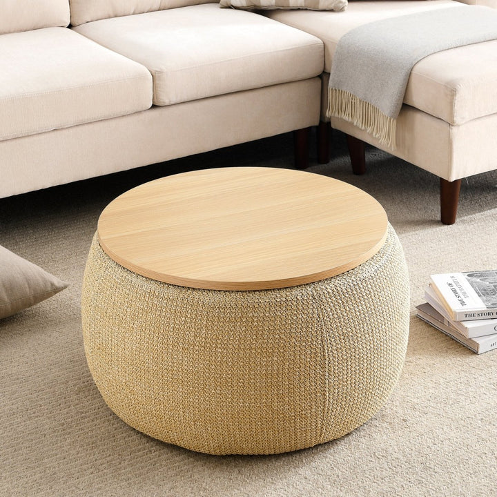 Round Storage Ottoman, 2 in 1 Function, Work as End table and Ottoman, Natural (25.5"x25.5"x14.5")DTYStore