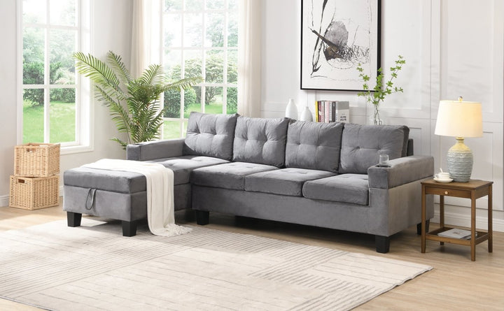 Sectional Sofa Set for Living Room with L Shape Chaise Lounge ,cup holder and Left Hand with Storage Chaise Modern 4 Seat (Grey) --LEFT CHAISE WITH STORAGEDTYStore