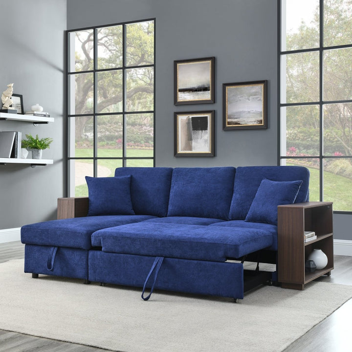 Sectional Sofa with Pulled Out Bed, 2 Seats Sofa and Reversible Chaise with Storage, MDF Shelf Armrest, Two Pillows, Navy Blue, (88" x52" x 34")DTYStore