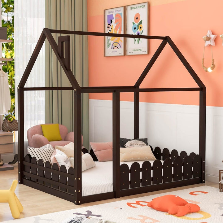 （Slats are not included) Full Size Wood Bed House Bed Frame with Fence, for Kids, Teens, Girls, Boys (Espresso )（OLD SKU:WF281294AAP）DTYStore