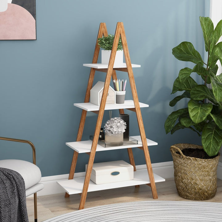 Solid bamboo wood oxford “A”frame ladder display bookshelfDTYStore