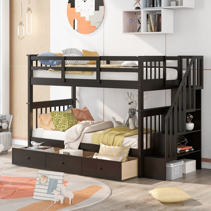 Stairway Twin-Over-Twin Bunk Bed with Three Drawers for Bedroom, Dorm - Espresso(Old sku: LP000309AAP)DTYStore