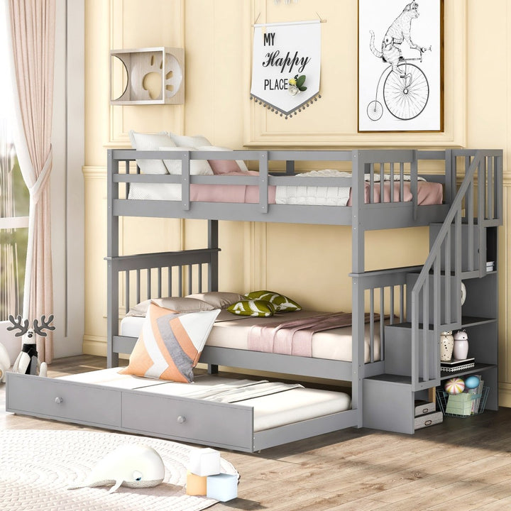 Stairway Twin-Over-Twin Bunk Bed with Twin size Trundle for Bedroom, Dorm, Adults, Gray( old sku: LP000209AAE )DTYStore