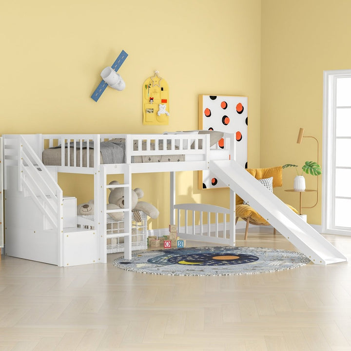 Stairway Twin Size Loft Bed with Two Drawers and Slide, White（OLD SKU:LP000515AAK）DTYStore