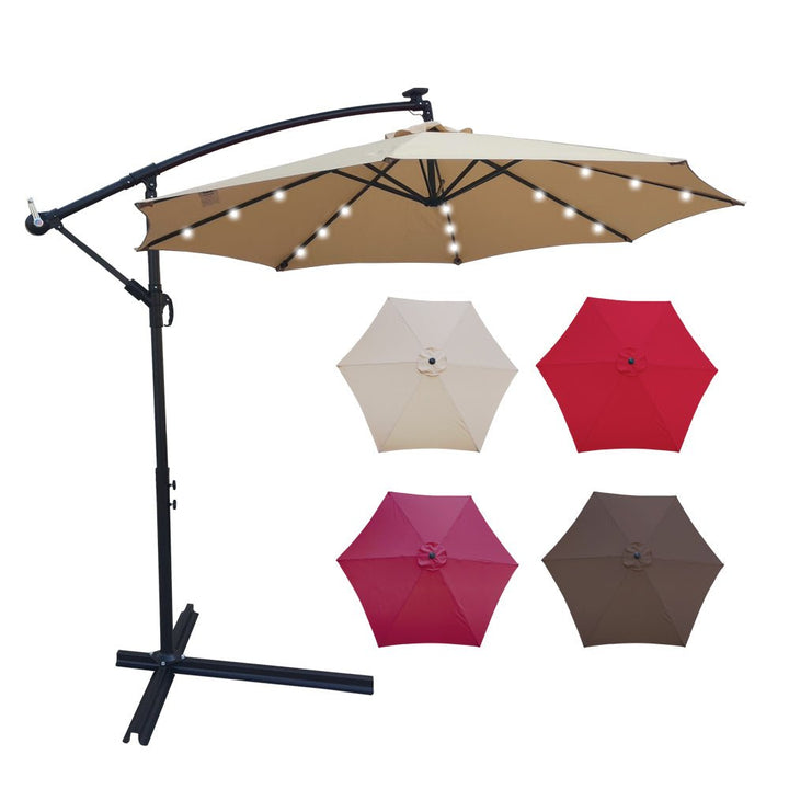 Tan 10 ft Outdoor Patio Umbrella Solar Powered LED Lighted Sun Shade Market Waterproof 8 Ribs Umbrella with Crank and Cross Base for Garden Deck Backyard Pool Shade Outside Deck Swimming PoolDTYStore