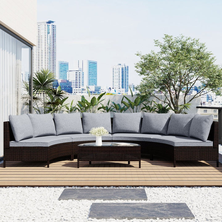 TOPMAX 5 Pieces All-Weather Brown PE Rattan Wicker Sofa Set Outdoor Patio Sectional Furniture Set Half-Moon Sofa Set with Tempered Glass Table, GrayDTYStore