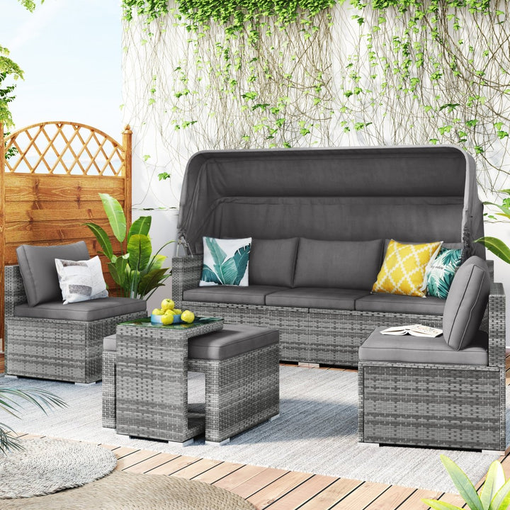 TOPMAX 5 Pieces Outdoor Sectional Patio Rattan Sofa Set Rattan Daybed , PE Wicker Conversation Furniture Set w/ Canopy and Tempered Glass Side Table, GrayDTYStore