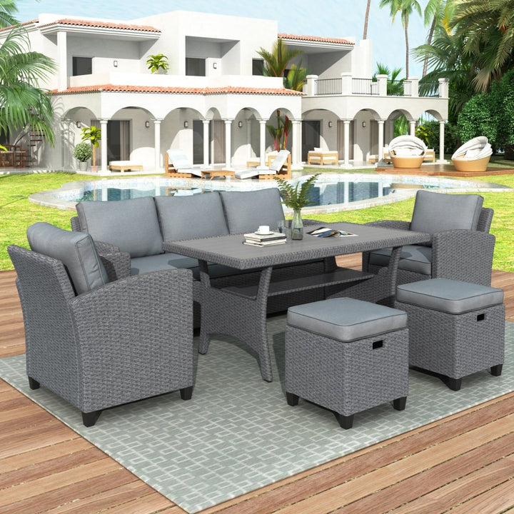 TOPMAX 6-Piece Outdoor Rattan Wicker Set Patio Garden Backyard Sofa, Chair, Stools and Table(Gray Rattan+Gray Cushion)DTYStore