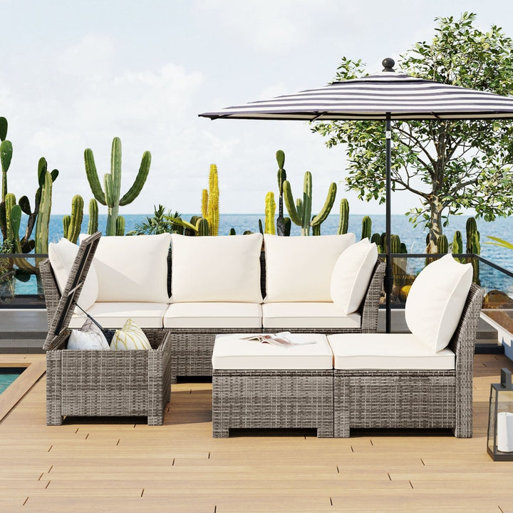 TOPMAX 6-Piece Outdoor Sofa Set, PE Wicker Rattan Sofa with 2 Corner Chairs, 2 Single Chairs, 1 Ottoman and 1 Storage Table, All-weather Conversational Furniture, BeigeDTYStore