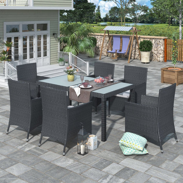 TOPMAX 7-piece Outdoor Wicker Dining set - Dining table set for 7 - Patio Rattan Furniture Set with Beige Cushion (Black)DTYStore