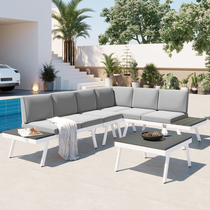 TOPMAX Industrial 5-Piece Aluminum Outdoor Patio Furniture Set, Modern Garden Sectional Sofa Set with End Tables, Coffee Table and Furniture Clips for Backyard, White+GreyDTYStore