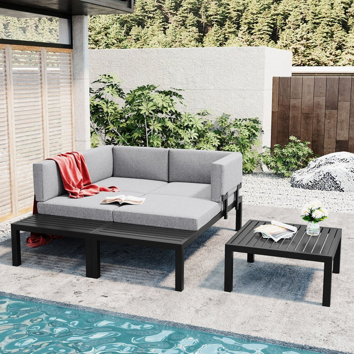 TOPMAX Outdoor 3-piece Aluminum Alloy Sectional Sofa Set with End Table and Coffee Table,Black Frame+Gray CushionDTYStore