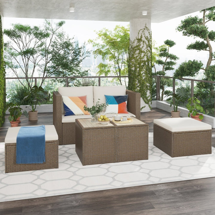 TOPMAX Outdoor 6-Piece Garden Furniture Set, PE Wicker Rattan Sectional Sofa Set with 2 Tea Tables, Brown Wicker+Beige CushionDTYStore