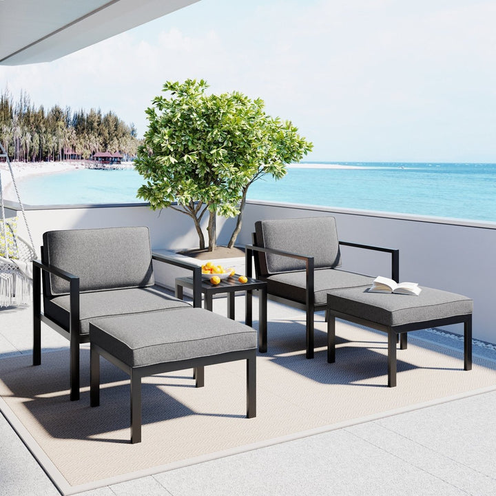 TOPMAX Outdoor Patio 5-piece Aluminum Alloy Conversation Set Sofa Set with Coffee Table and Stools for Poolside, Garden,Black Frame+Gray CushionDTYStore