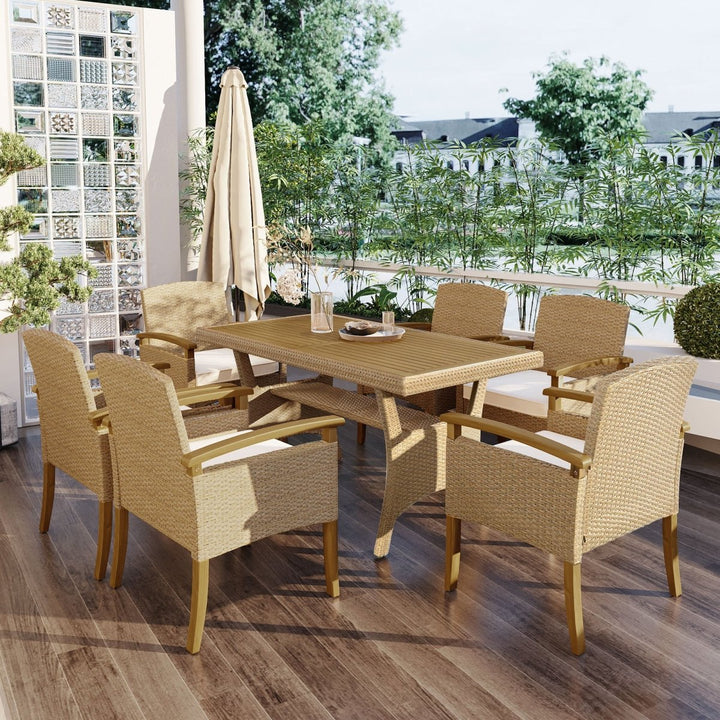 TOPMAX Outdoor Patio 7-Piece Dining Table Set All Weather PE Rattan Dining Set with Wood Tabletop and Cushions for 6, WhiteDTYStore