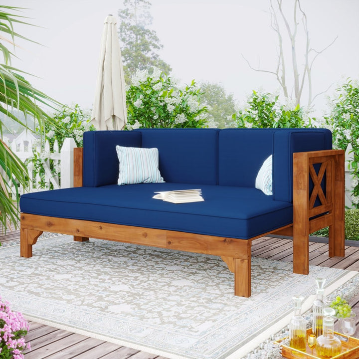 TOPMAX Outdoor Patio Extendable Wooden Sofa Set Sectional Furniture Set with Thick Cushions for Balcony,Backyard, Poolside, Brown Finish+Blue CushionDTYStore