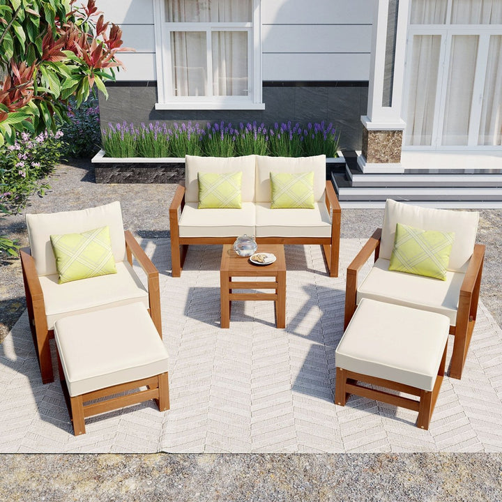 TOPMAX Outdoor Patio Wood 6-Piece Conversation Set, Sectional Garden Seating Groups Chat Set with Ottomans and Cushions for Backyard, Poolside, Balcony, BeigeDTYStore