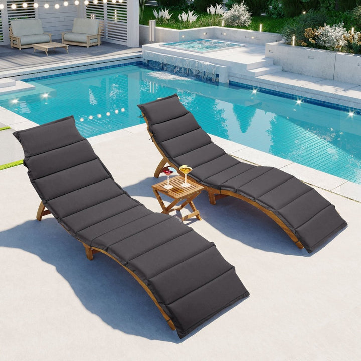 TOPMAX Outdoor Patio Wood Portable Extended Chaise Lounge Set with Foldable Tea Table for Balcony, Poolside, Garden, Brown Finish+Dark Gray CushionDTYStore