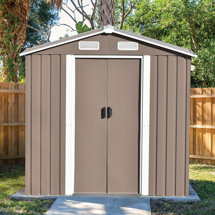 TOPMAX Patio 6ft x4ft Bike Shed Garden Shed, Metal Storage Shed with Lockable Door, Tool Cabinet with Vents and Foundation for Backyard, Lawn, Garden, BrownDTYStore