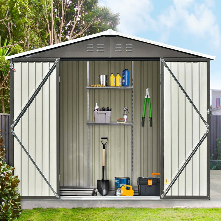TOPMAX Patio 8ft x6ft Bike Shed Garden Shed, Metal Storage Shed with Adjustable Shelf and Lockable Doors, Tool Cabinet with Vents and Foundation Frame for Backyard, Lawn, Garden, GrayDTYStore