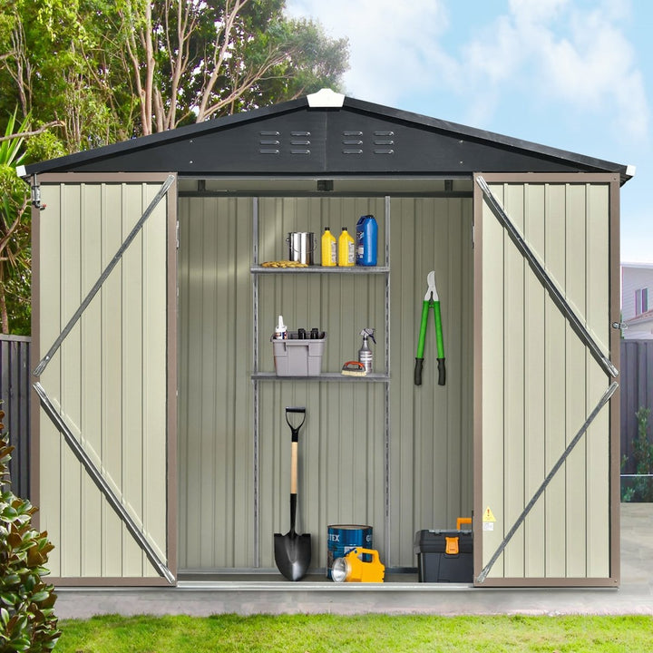 TOPMAX Patio 8ft x6ft Bike Shed Garden Shed, Metal Storage Shed with Adjustable Shelf and Lockable Doors, Tool Cabinet with Vents and Foundation Frame for Backyard, Lawn, Garden, BrownDTYStore