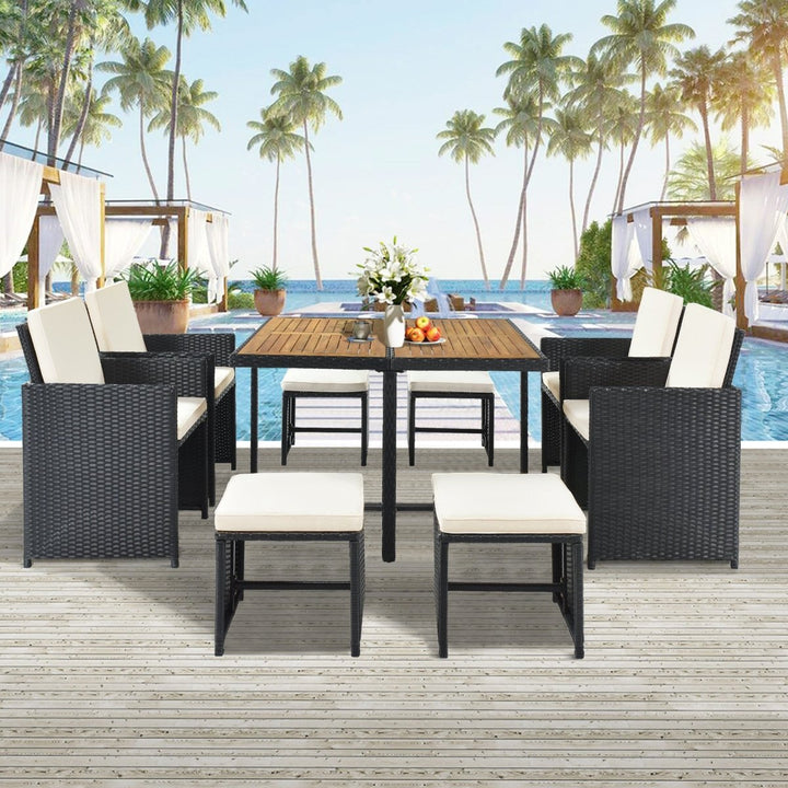 TOPMAX Patio All-Weather PE Wicker Dining Table Set with Wood Tabletop for 8, Black Rattan+Beige Cushion (9-Piece)DTYStore