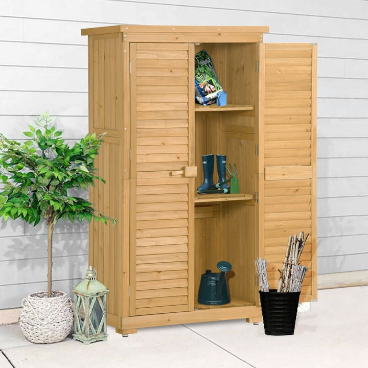 TOPMAX Wooden Garden Shed 3-tier Patio Storage Cabinet Outdoor Organizer Wooden Lockers with Fir Wood (Natural Wood Color -Shutter Design)DTYStore