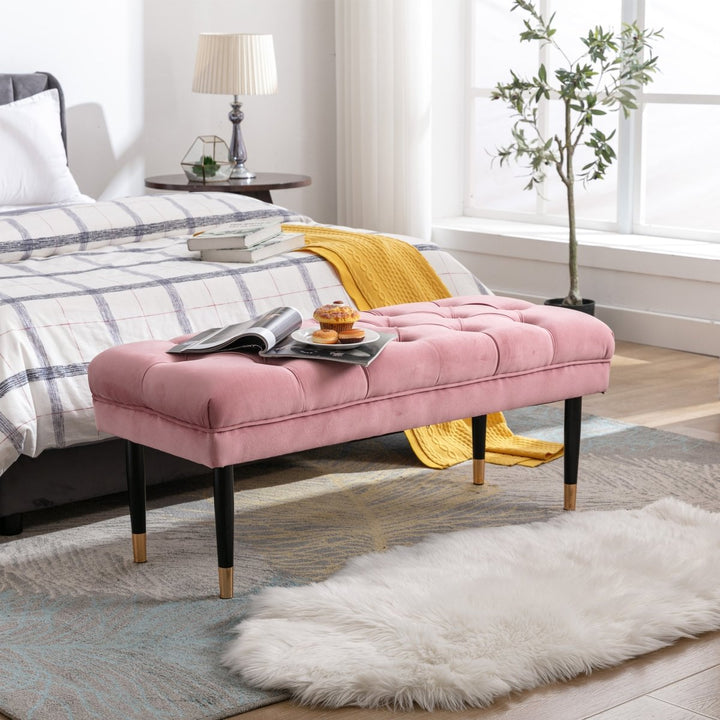 Tufted Bench Modern Velvet Button Upholstered Ottoman enches Bedroom Rectangle Fabric Footstool with Metal Legs for Living Room Entryway,PinkDTYStore