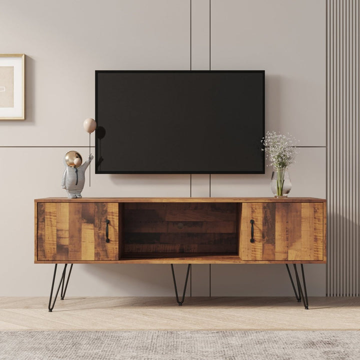 TV Media Stand, 60 inch Wide , Modern Industrial, Living Room Entertainment Center, Storage Shelves and Cabinets, for Flat Screen TVs up to 65 inches in NaturalDTYStore