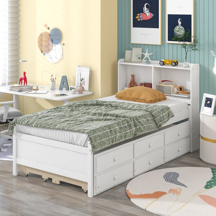 Twin Bed with Bookcase,Twin Trundle,Drawers,WhiteDTYStore