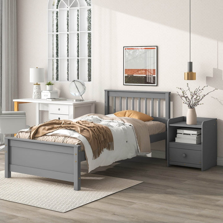 Twin Bed with Headboard and Footboard for Kids, Teens, Adults,with a Nightstand,GreyDTYStore