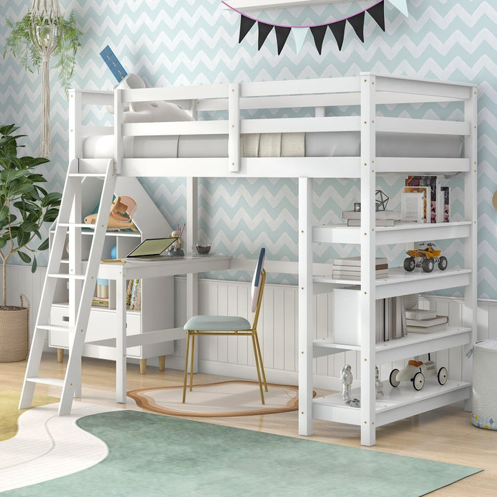 Twin Loft Bed with desk,ladder,shelves , WhiteDTYStore