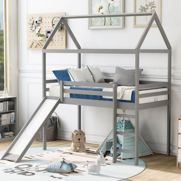 Twin Loft Bed with Slide, House Bed with Slide,Gray(OLD SKU :WF286245AAE)DTYStore